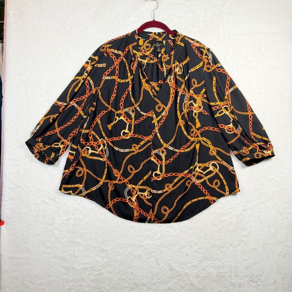 Worthington 1X Black Gold Equestrian Chain Print V Neck Blouse 3/4 Sleeve